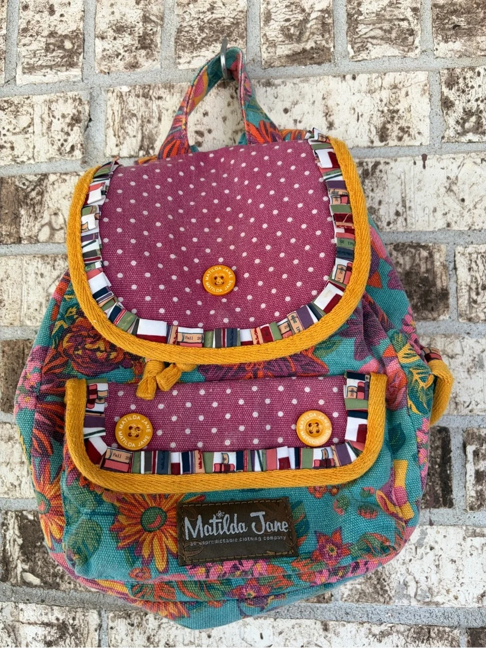 Matilda Jane Teal Floral & Pink Polka Kids Backpack with Mustard Trim